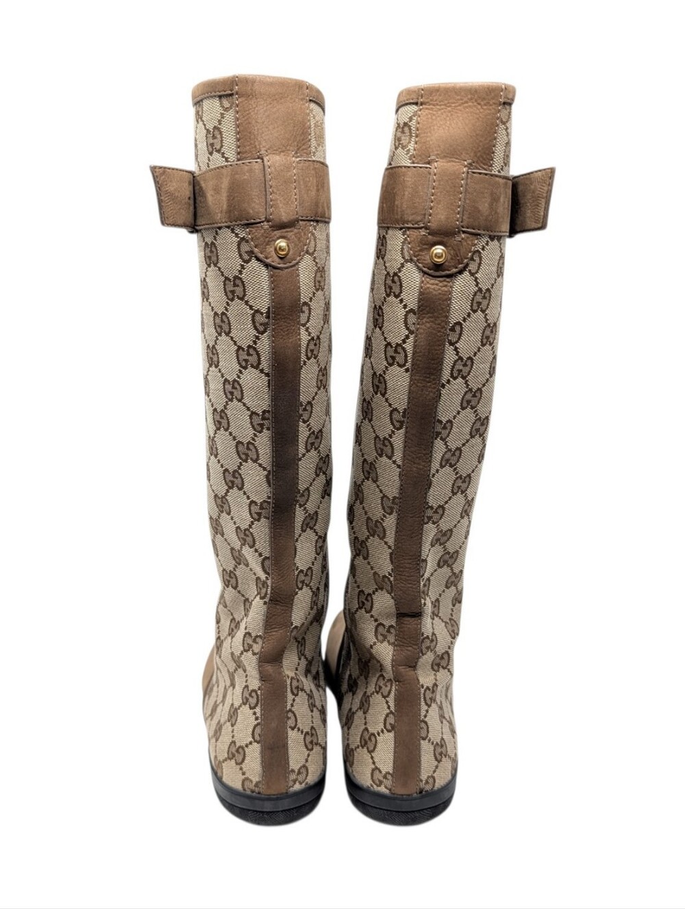 Gucci Monogram Beige Brown Canvas Suede Knee High Flat Riding Boots Size EU 37.5 - Picture 12 of 14
